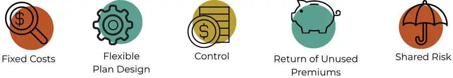 Insurance feature icons- Fixed Costs, Flexible Design, Control, Unused Premiums, Risk Sharing